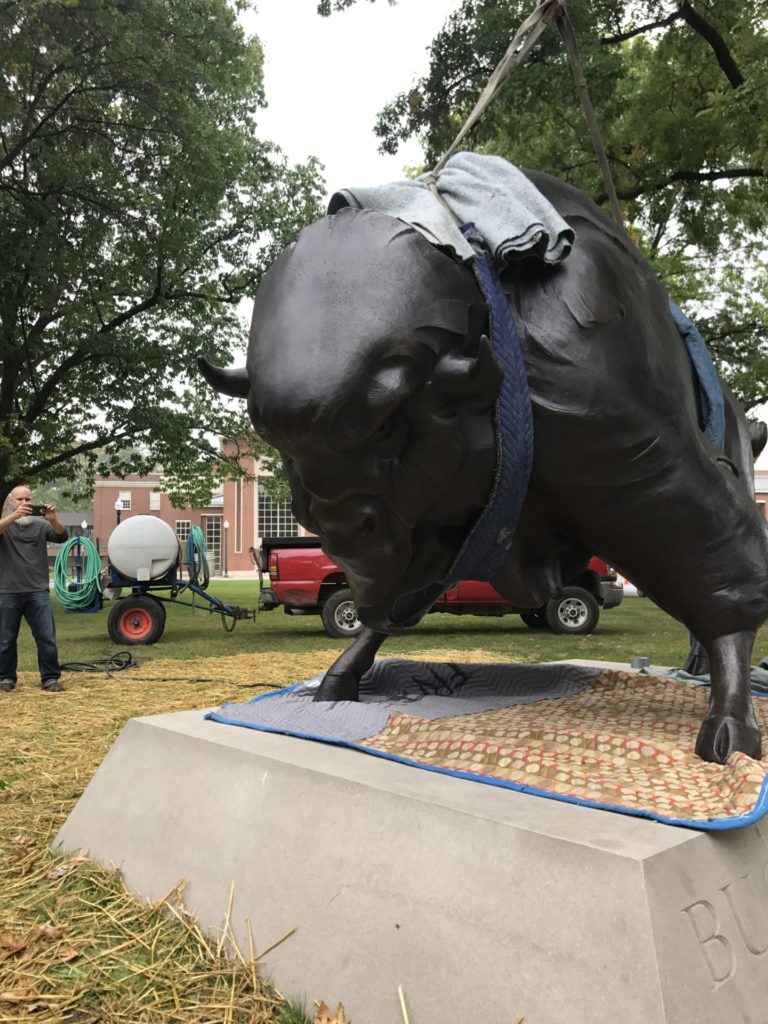 T-Ross Brothers Construction crane moves Bison statue at Bucknell